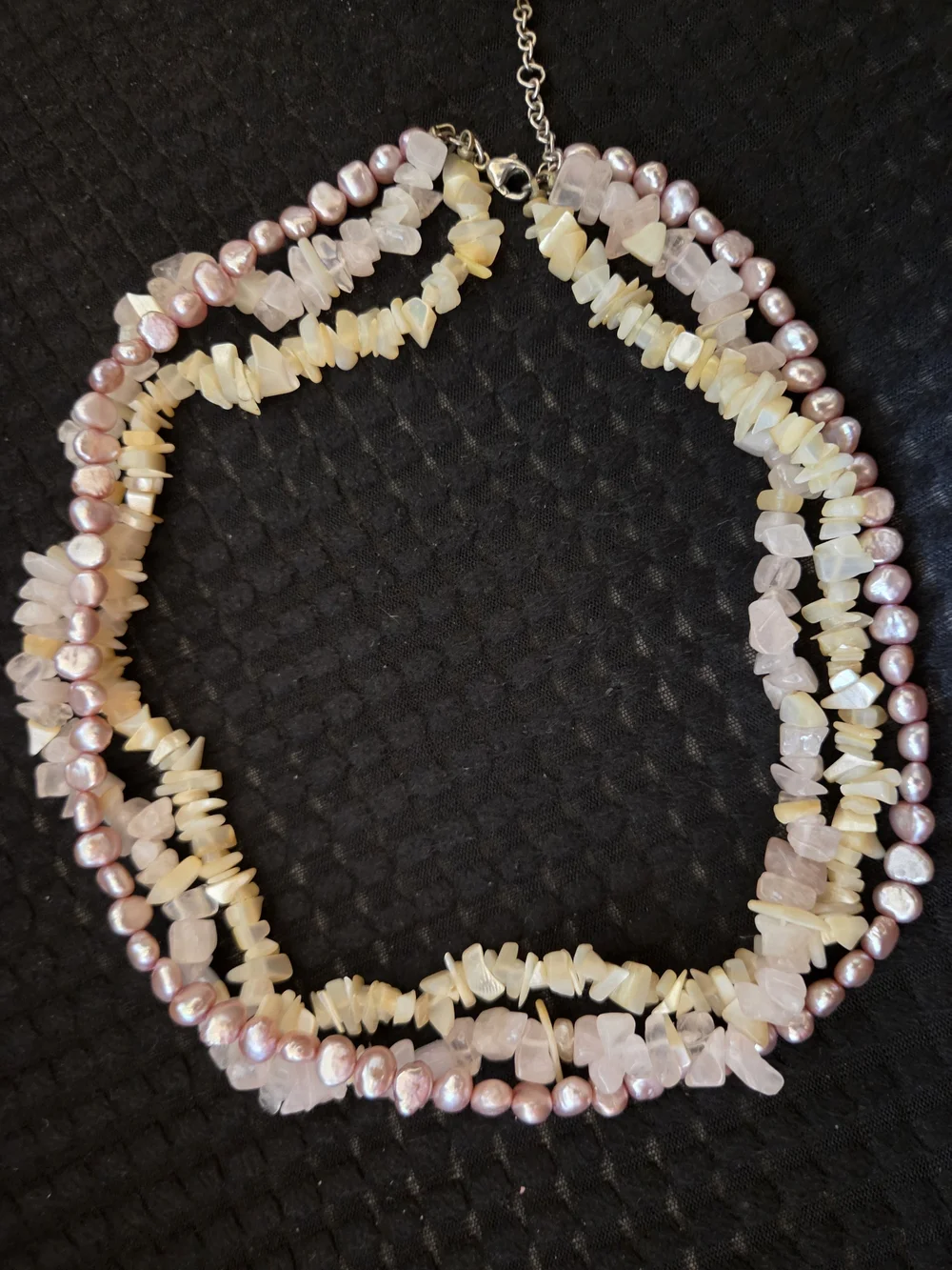 ​Vintage 925 Sterling Silver Pink Freshwater Pearl & Rose Quartz Layered Necklac